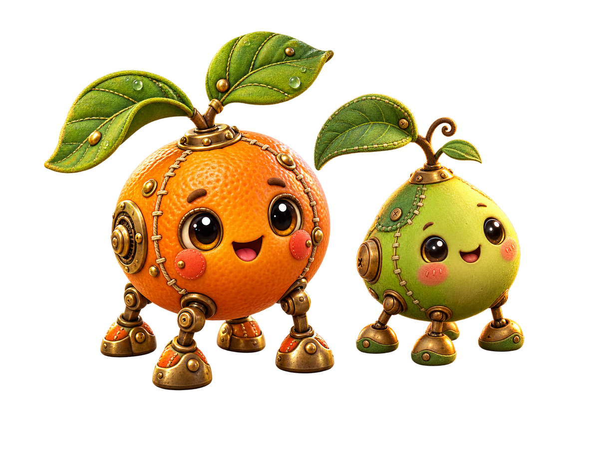 Two original Lumen Grove companions: a smiling orange and pear with leaf details and brass feet.