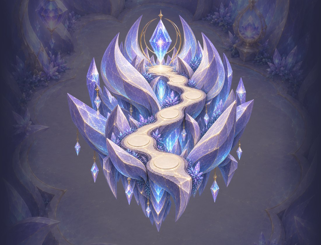 Gravity Bloom: a winding path through floating violet crystals.