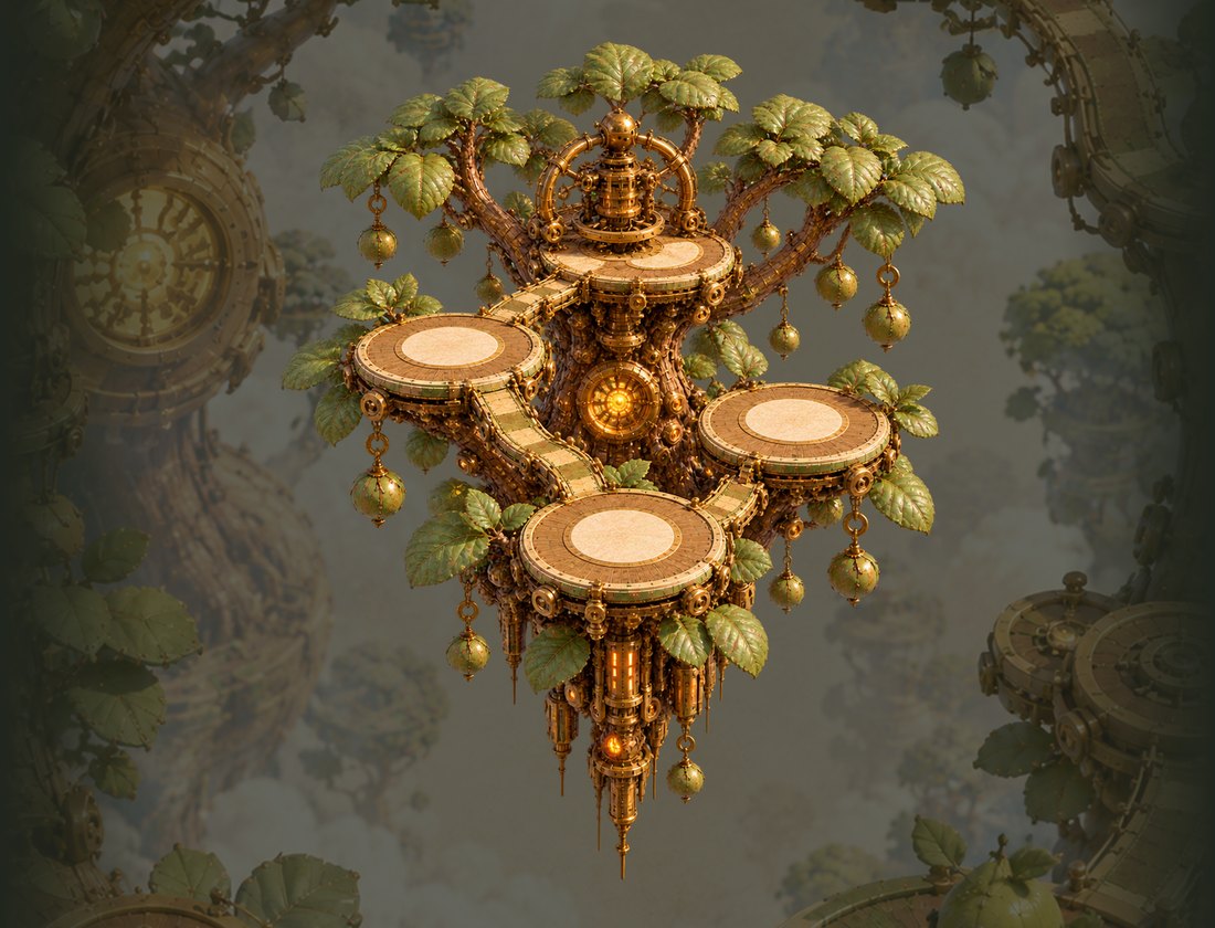 Lumen Grove: leafy clockwork platforms surrounding a warm golden core.