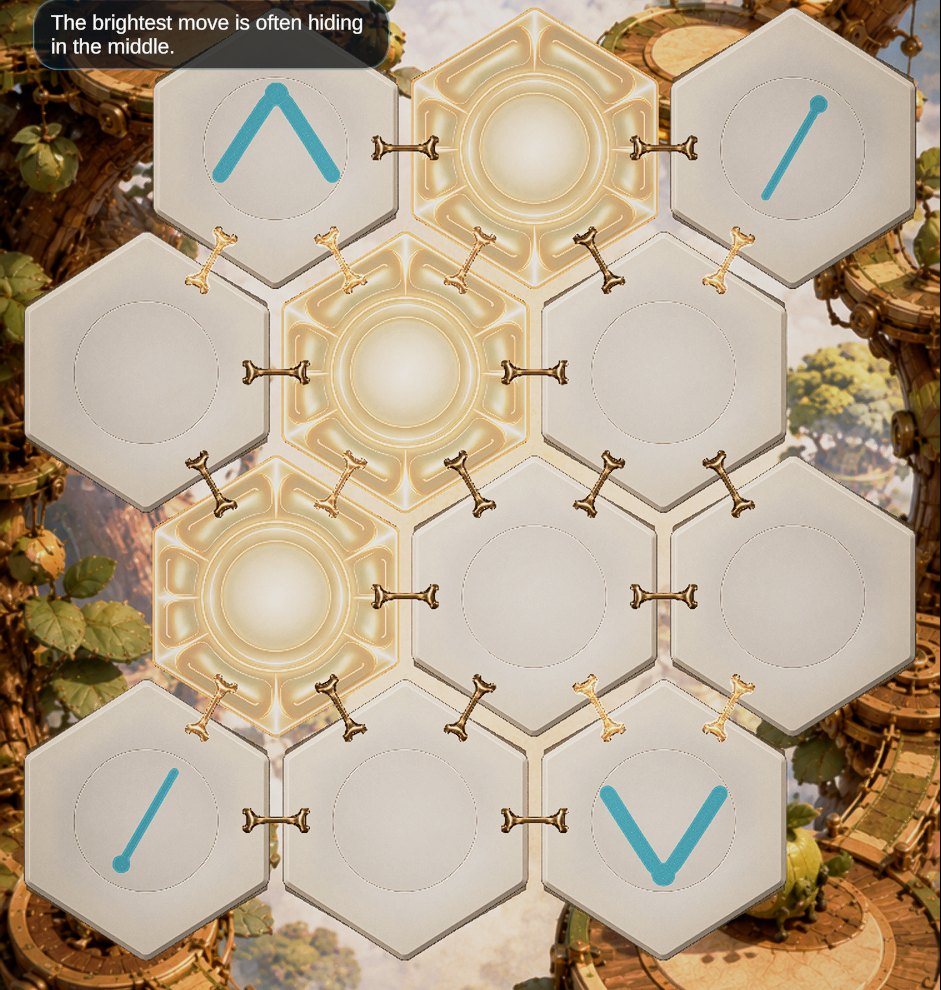 The same LYRA board after a pulse: three connected tiles glow with restored light.